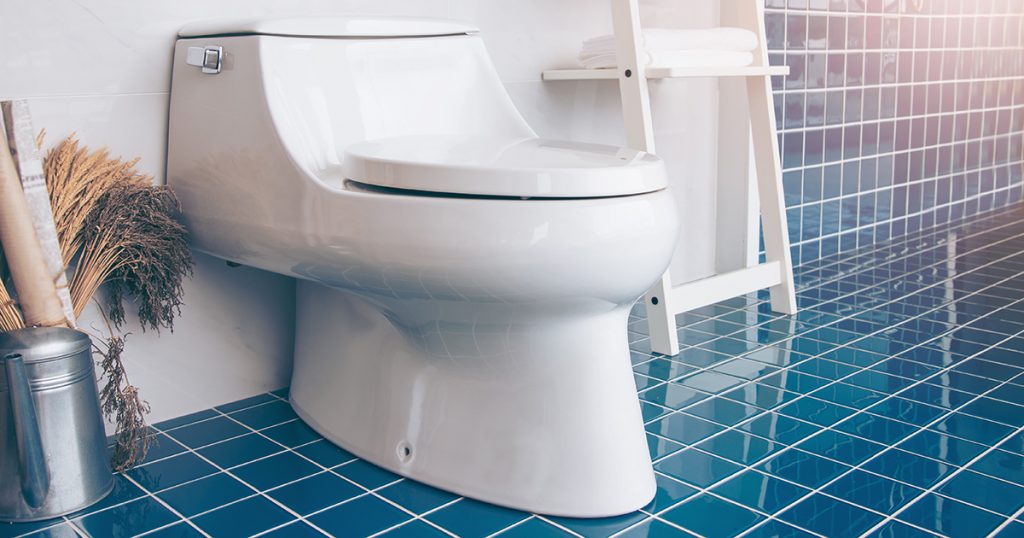 Modern spacious bathroom with Blue tiles with toilet and shelves.